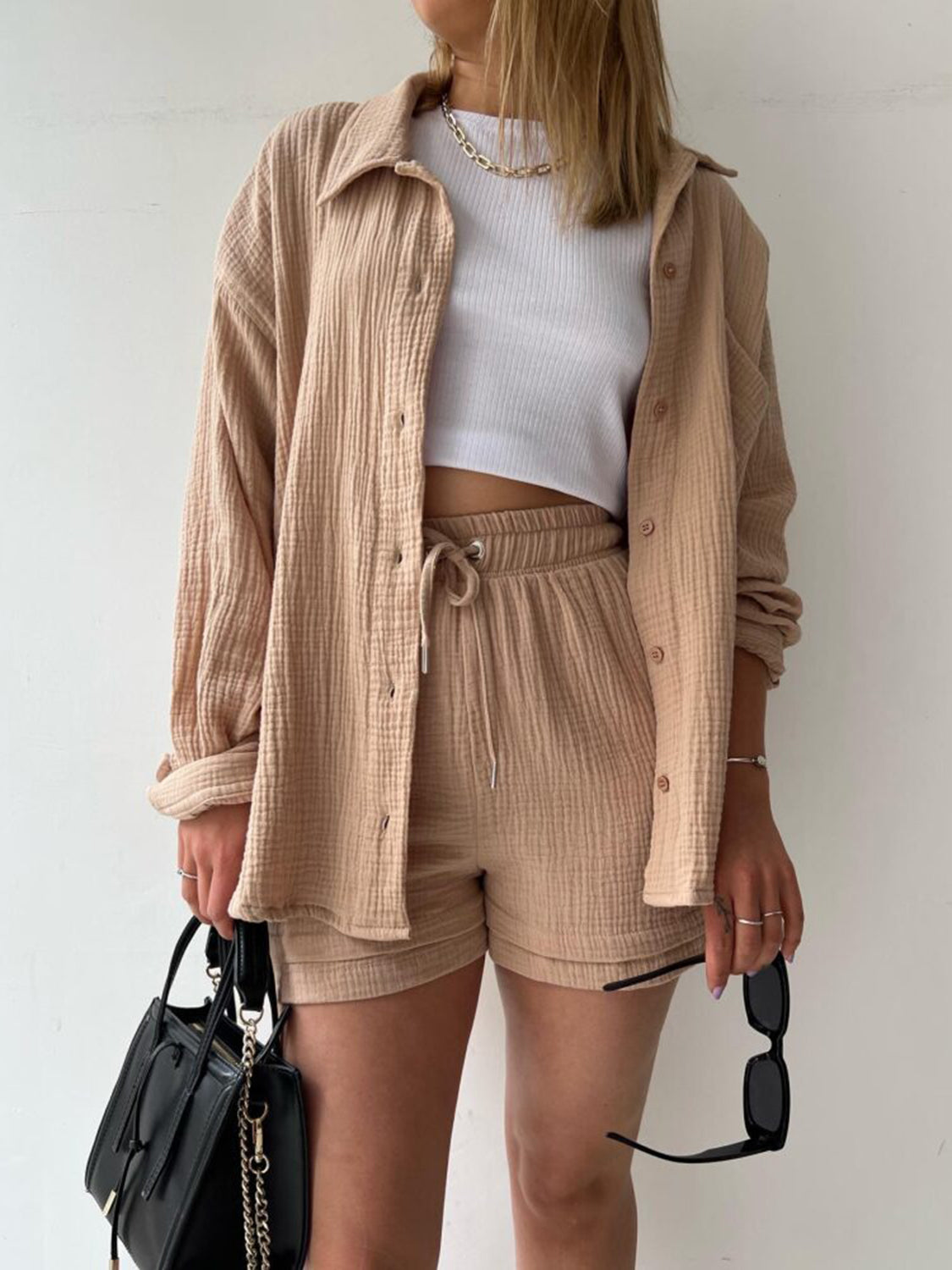 Outfit Set - Texture Button Up Shirt and Drawstring Shorts (11 Colors up to 2XL)