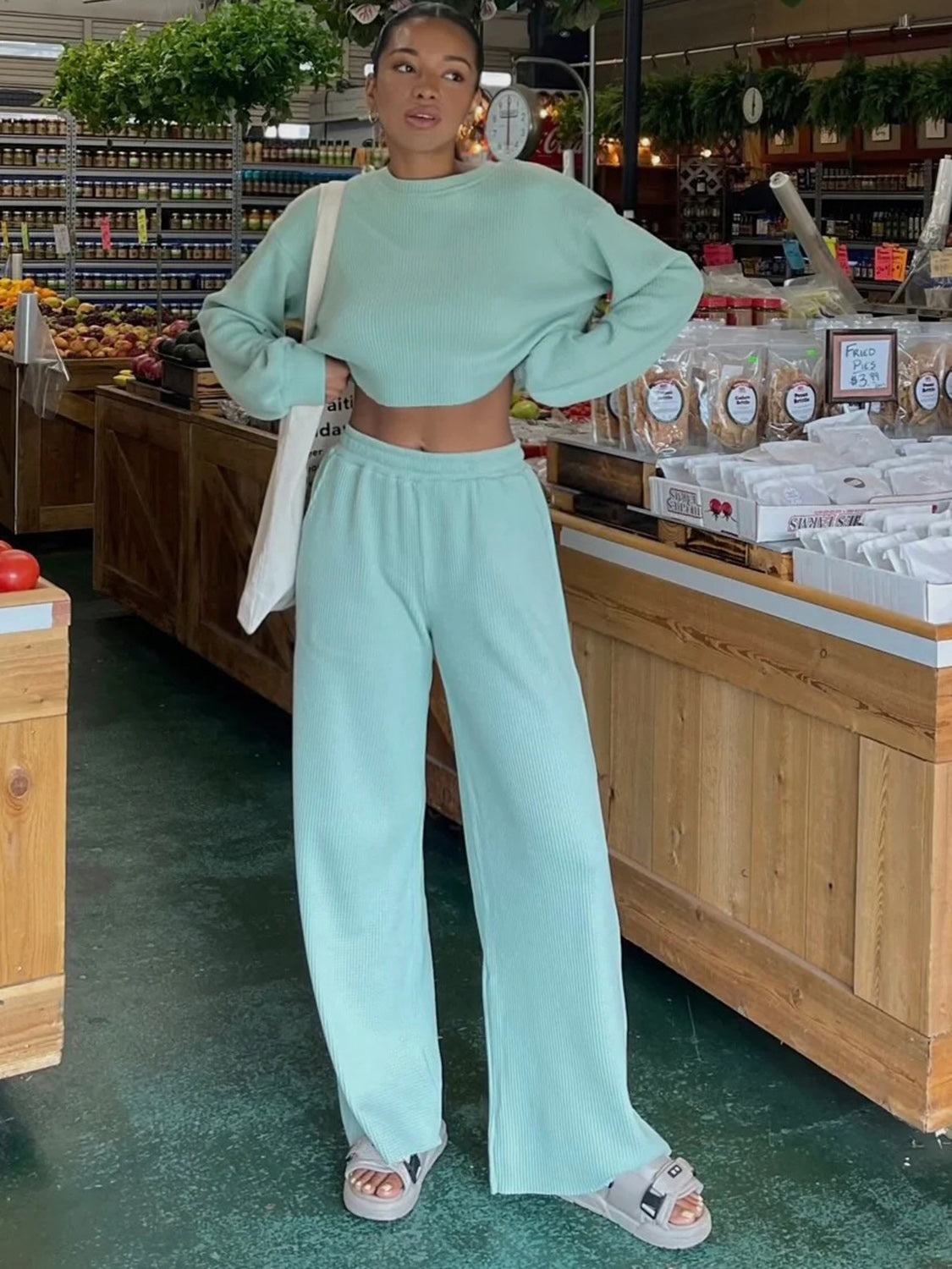 Waffle-Knit Round Neck Top and Pants Set (4 Colors)