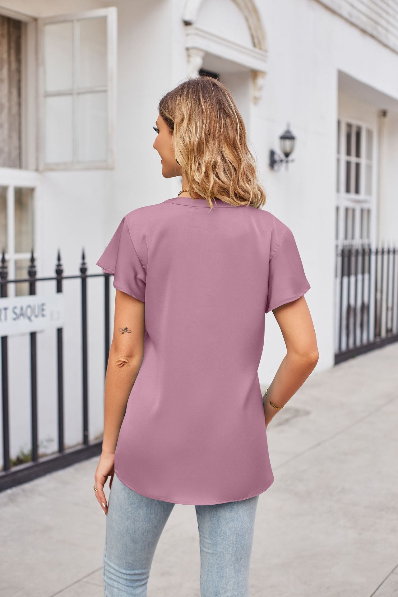 Notched Neck Flutter Sleeve Satin Top (5 Colors)
