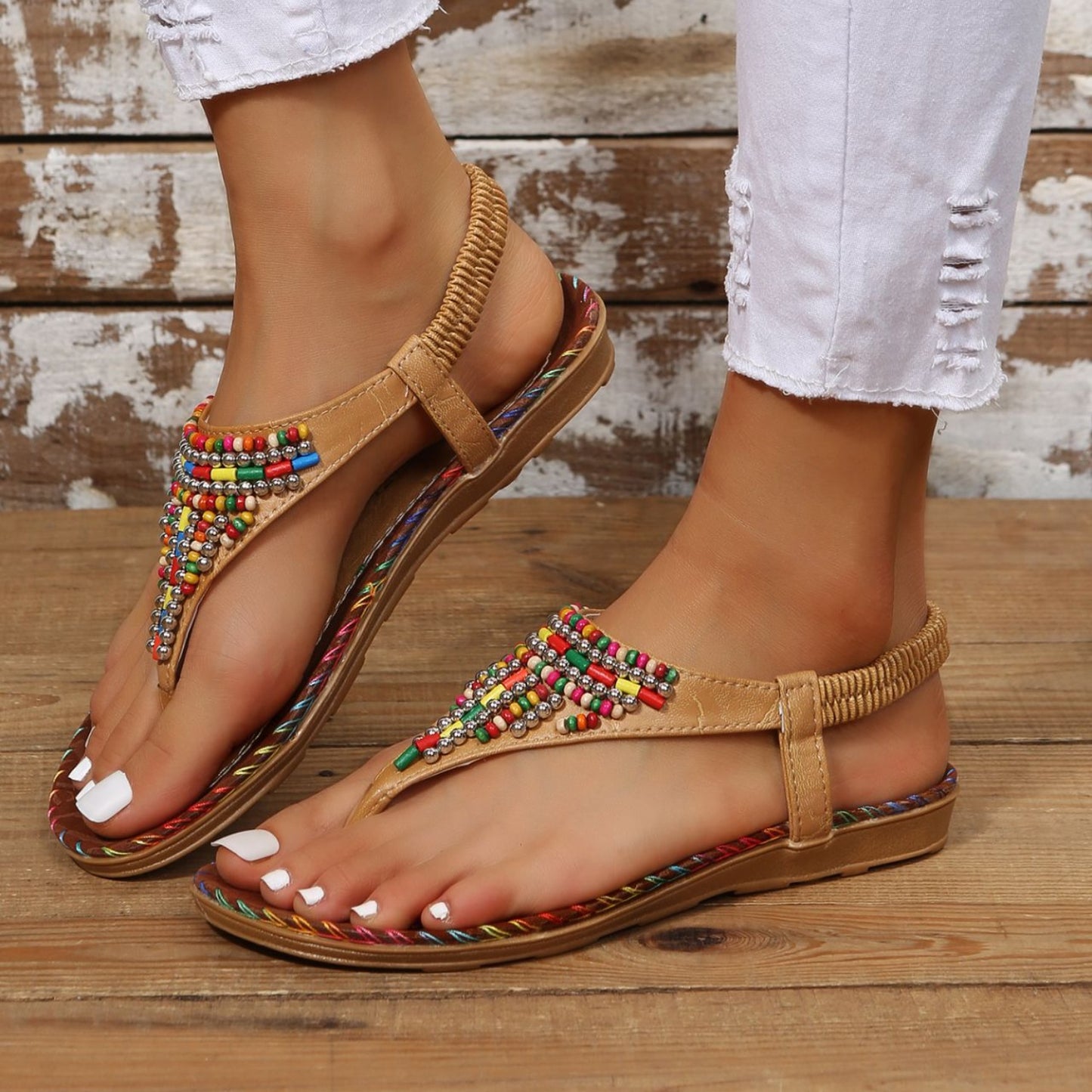 Beaded PU Leather Open Toe Sandals (2 Colors)