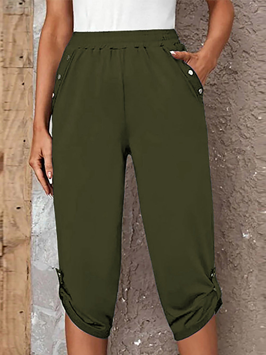 Full Size Roll-Tab Capris Pants (4 Colors)