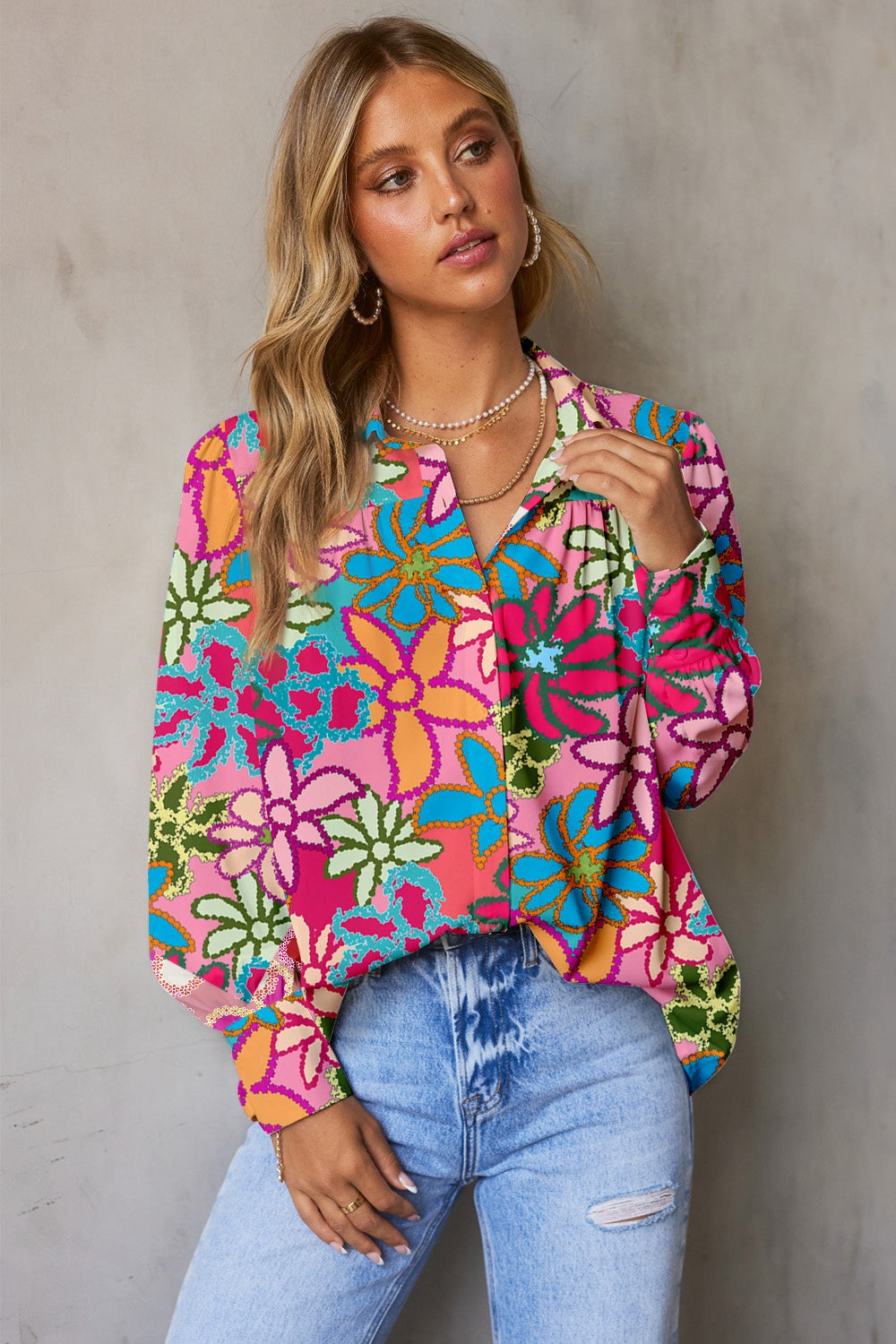 Printed Collared Neck Long Sleeve Shirt (4 Colors)