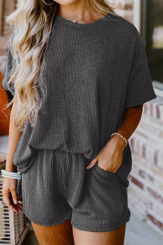 Textured Round Neck Top and Shorts Set in Charcoal