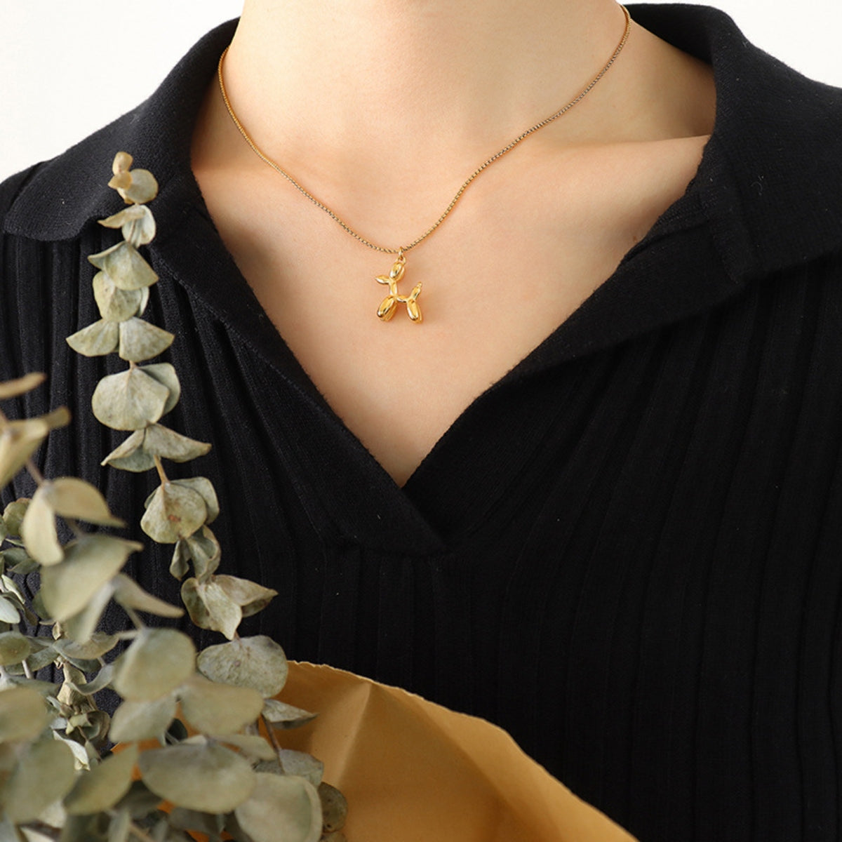 18K Gold-Plated Titanium Steel Balloon Puppy Shape Pendant Necklace