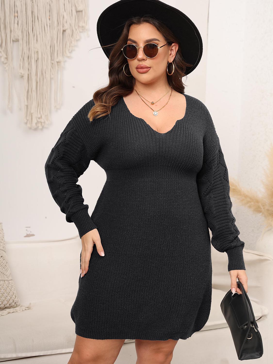 Plus Size Dropped Shoulder Long Sleeve Knit Mini Dress (3 Colors)