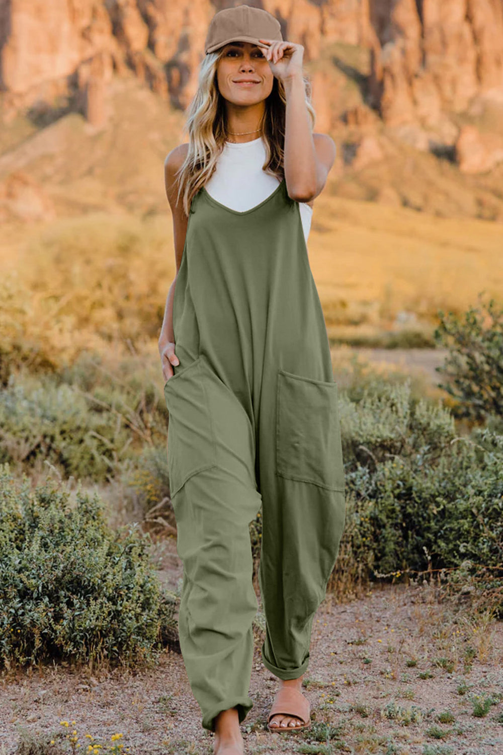 Double Take Full Size V-Neck Sleeveless Jumpsuit with Pockets (6 Colors)