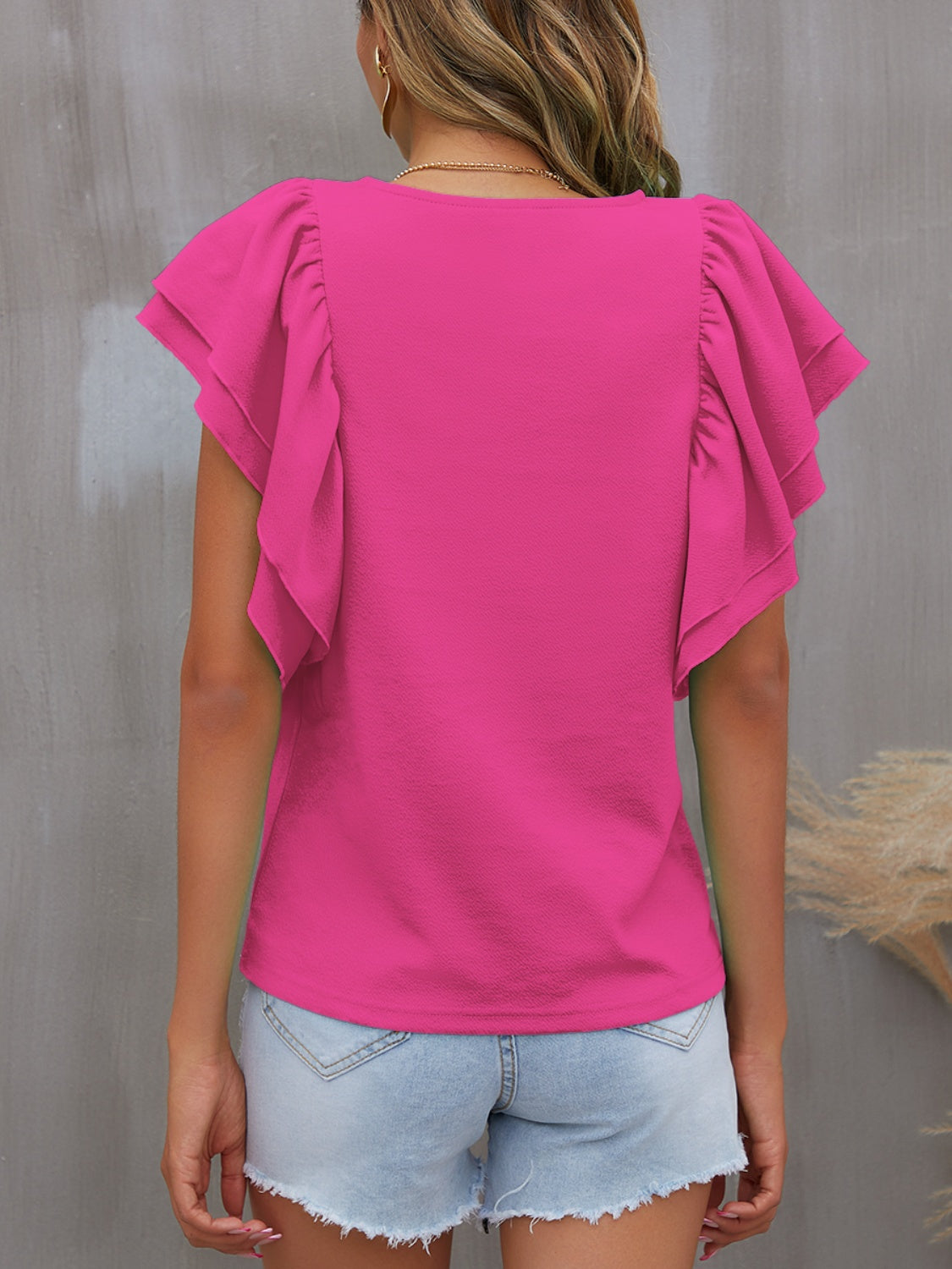 Round Neck Flounce Sleeve Blouse (7 Colors)