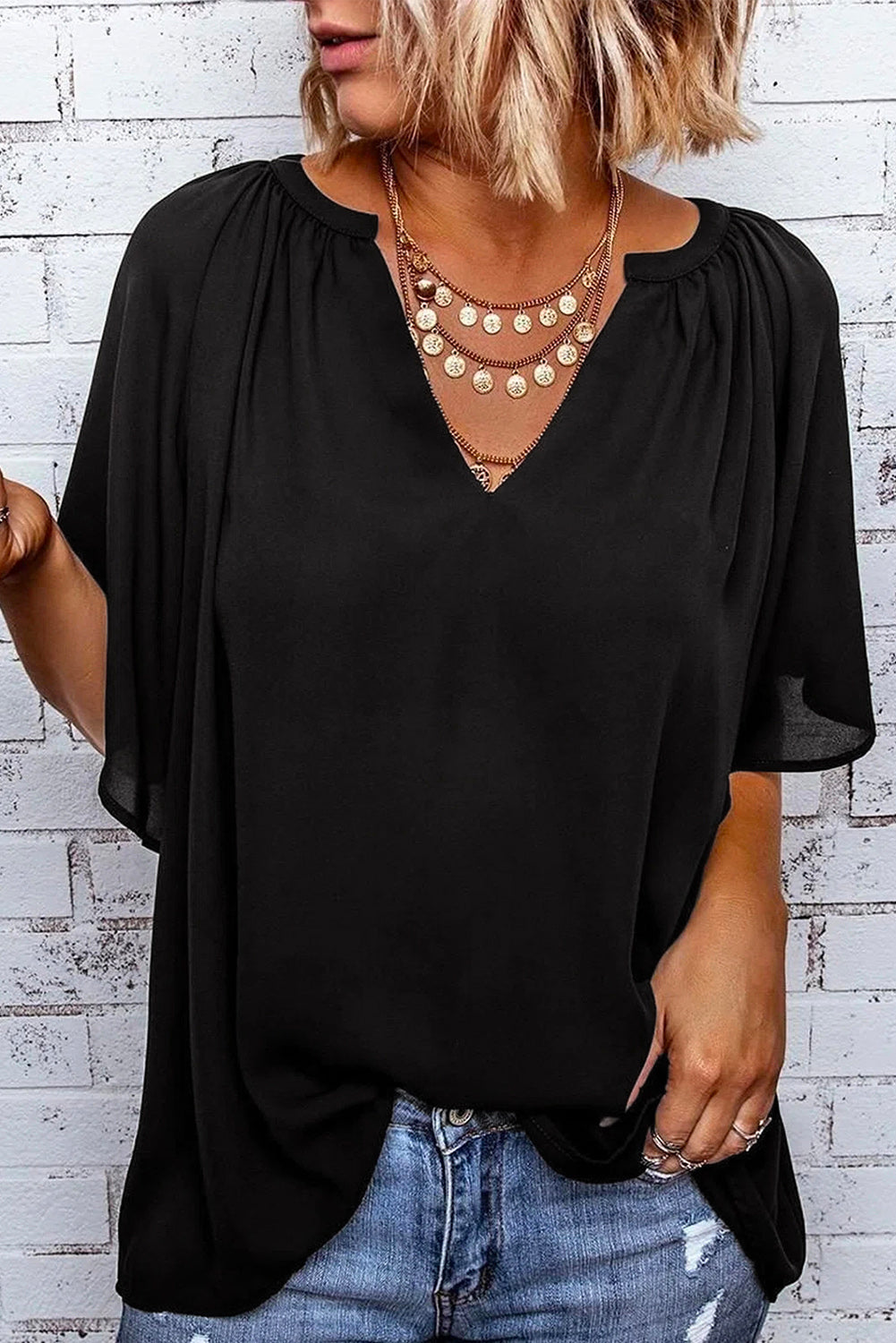 Gathered Detail Notched Neck Flutter Sleeve Top (8 Colors)