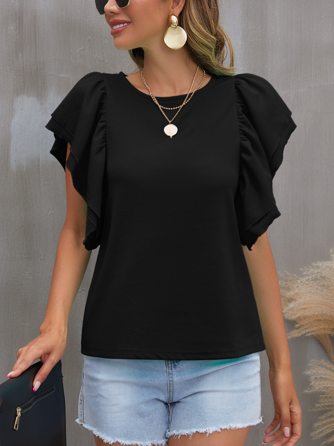 Round Neck Flounce Sleeve Blouse (7 Colors)