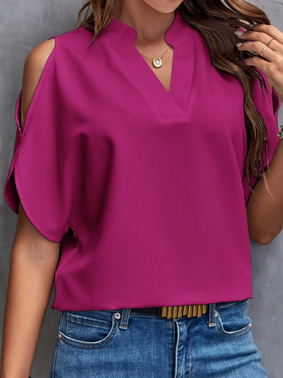 Notched Cold Shoulder Blouse (10 Colors)