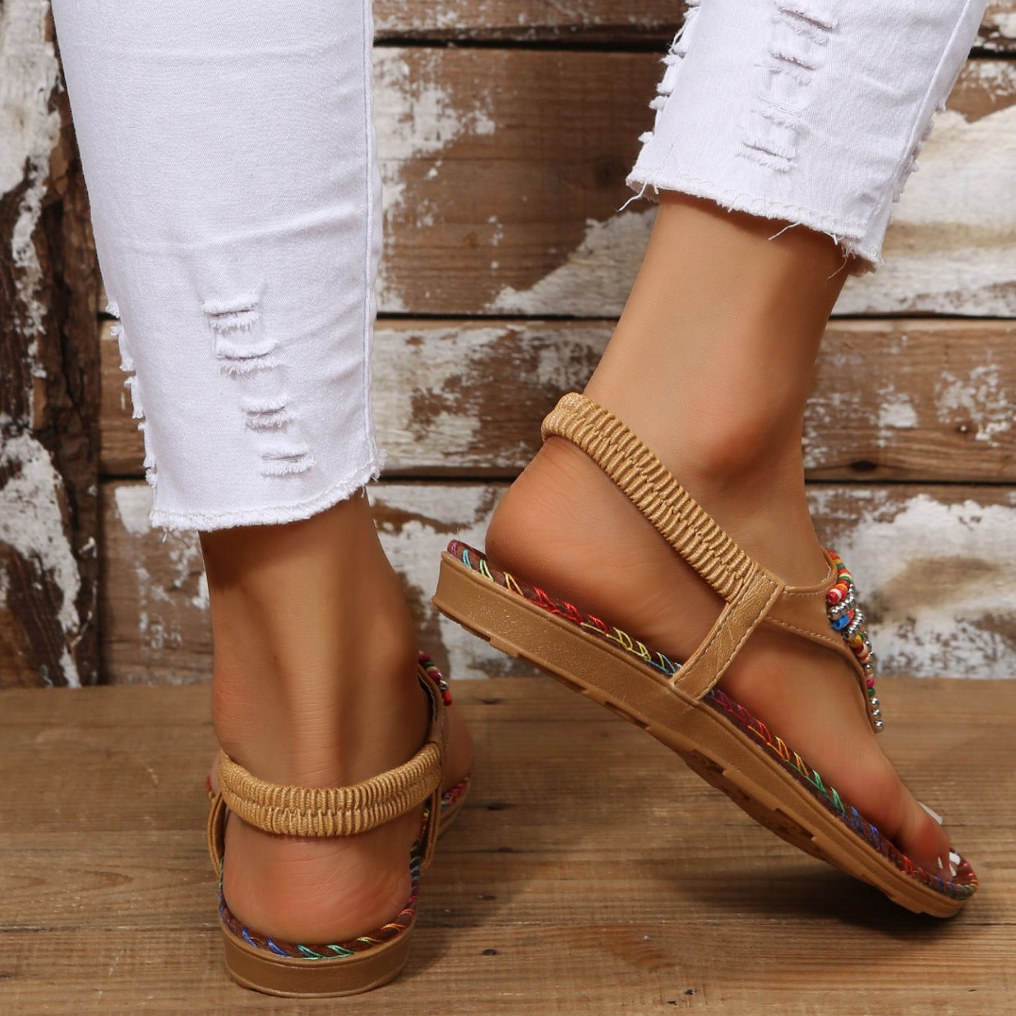 Beaded PU Leather Open Toe Sandals (2 Colors)