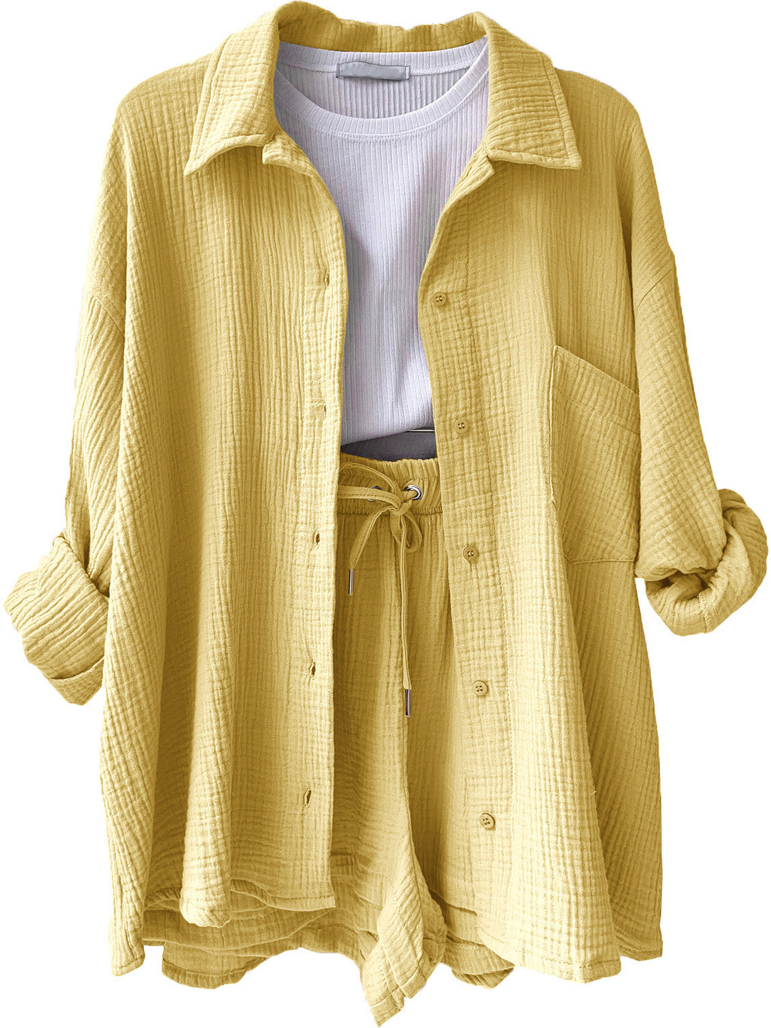 Outfit Set - Texture Button Up Shirt and Drawstring Shorts (11 Colors up to 2XL)