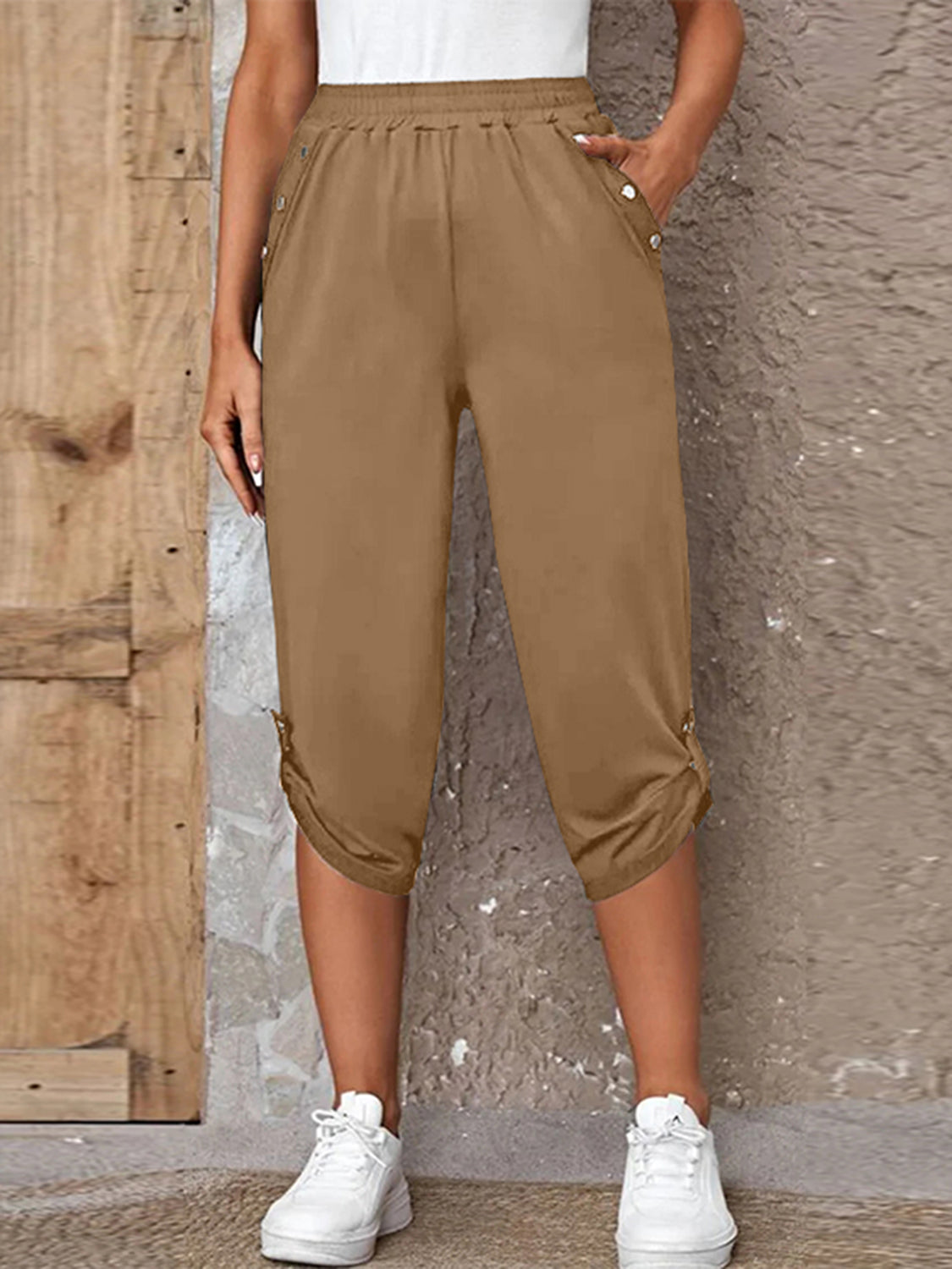 Full Size Roll-Tab Capris Pants (4 Colors)