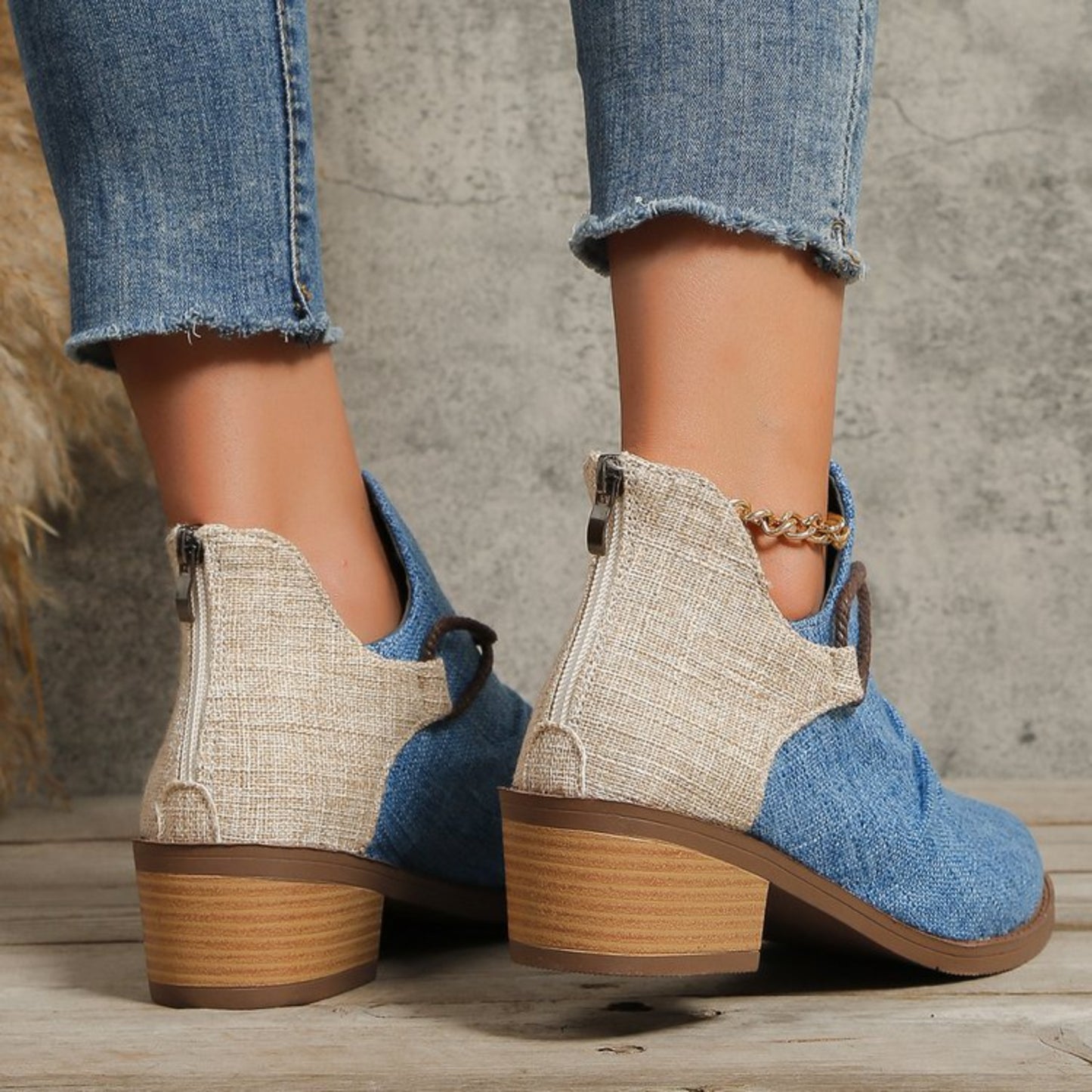 Contrast Canvas Low Heel Boots (2 Colors)