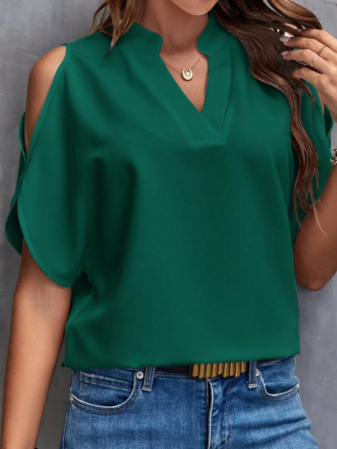 Notched Cold Shoulder Blouse (10 Colors)