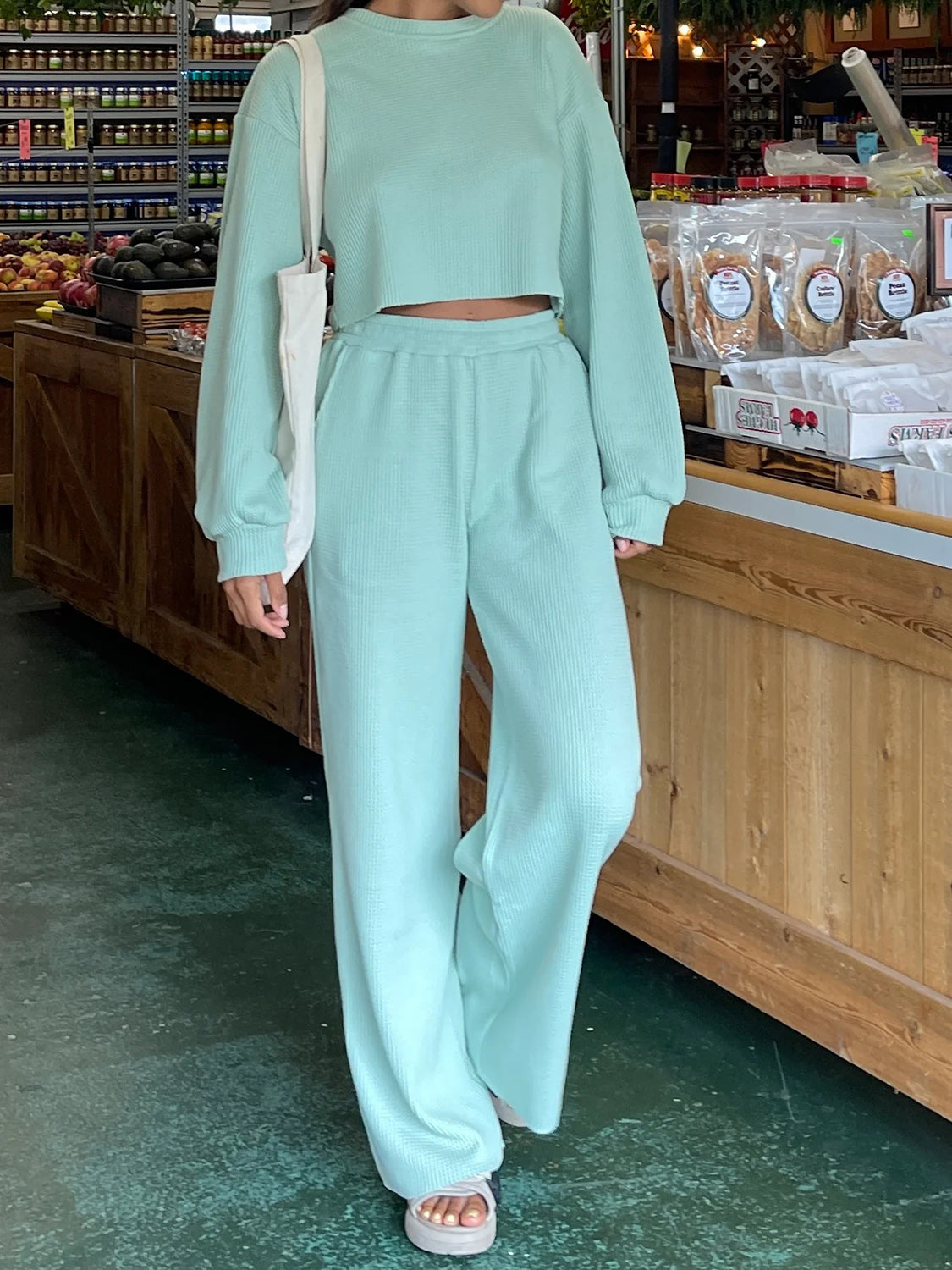 Waffle-Knit Round Neck Top and Pants Set (4 Colors)