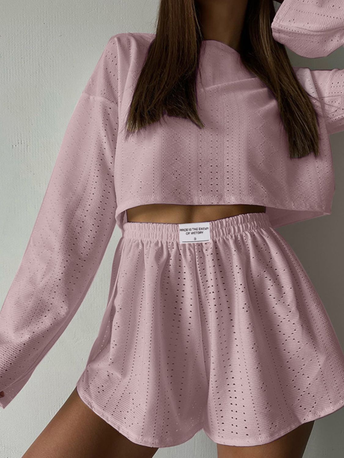 Outfit Set - Eyelet Round Neck Top and Shorts Set (7 Colors up to 2XL)
