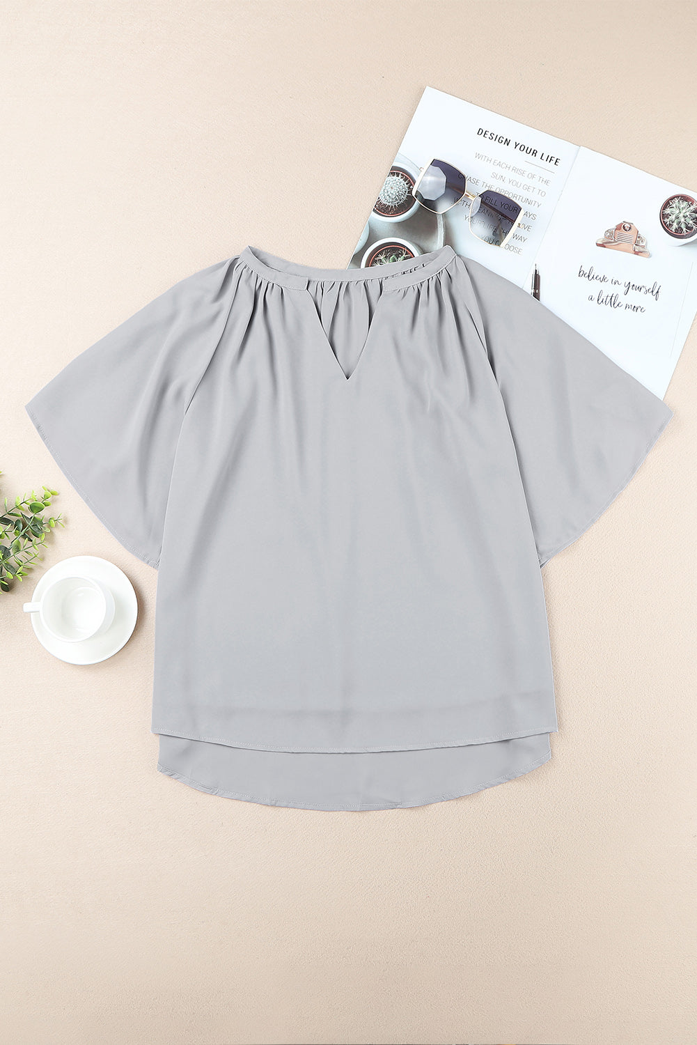 Gathered Detail Notched Neck Flutter Sleeve Top (8 Colors)