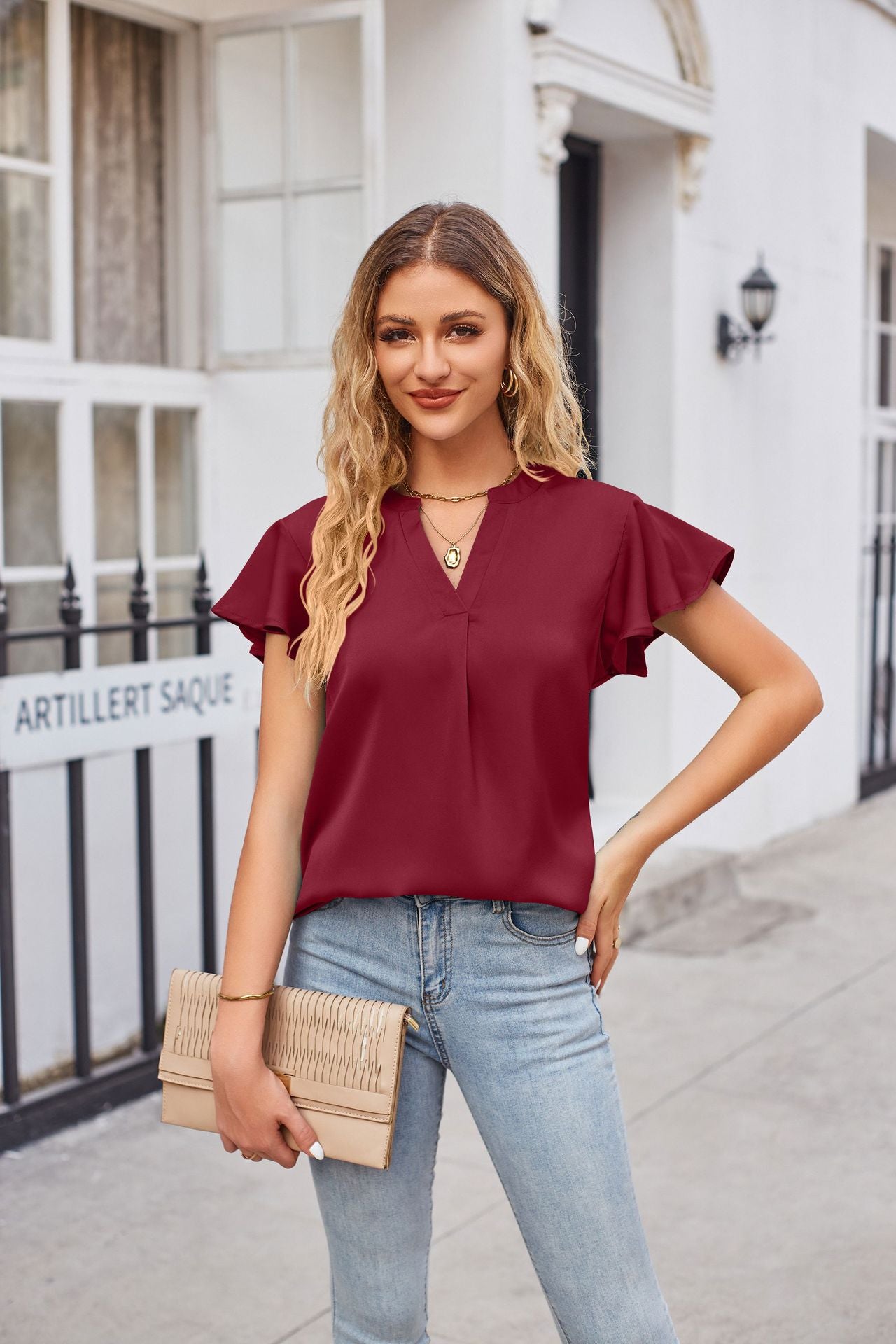 Notched Neck Flutter Sleeve Satin Top (5 Colors)