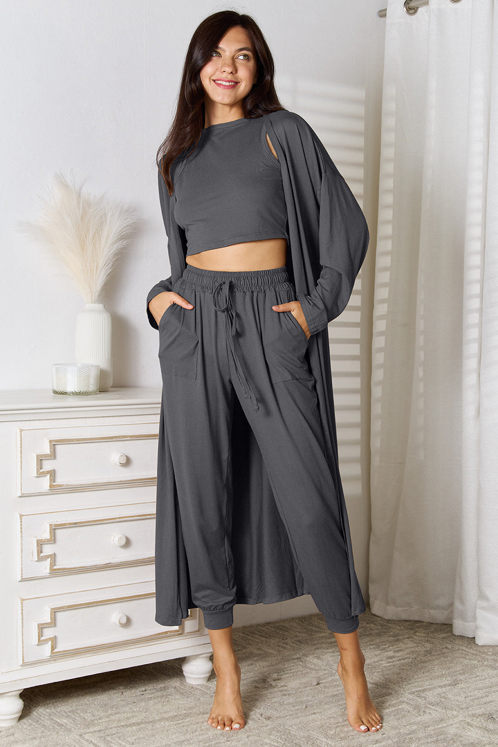 Tank, Pants, and Cardigan 3 Piece Set with Pockets (4 Colors)