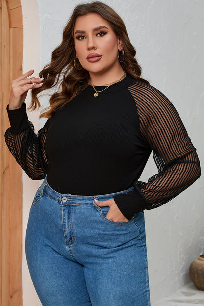 Plus Size Round Neck Long Sleeve Blouse in Black