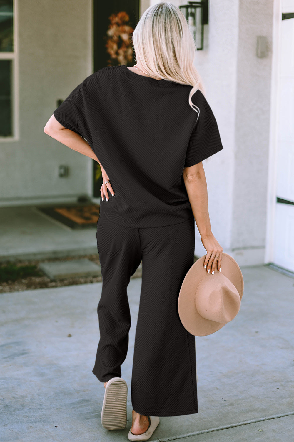 Outfit Set - Double Take Full Size Texture Short Sleeve Top and Pants Set (4 Colors)