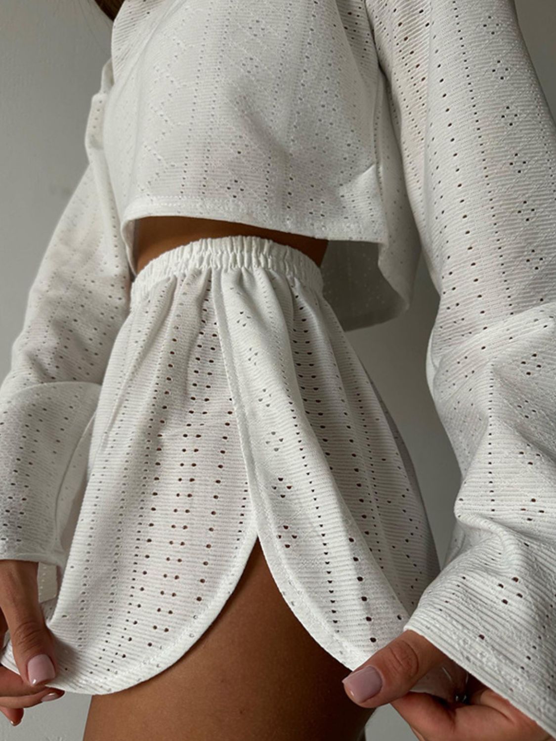 Outfit Set - Eyelet Round Neck Top and Shorts Set (7 Colors up to 2XL)