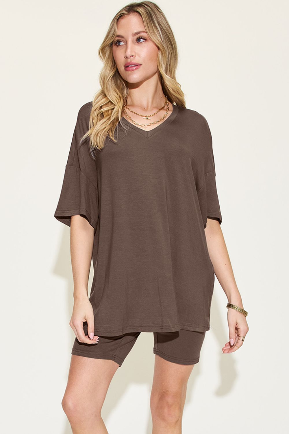 Basic Bae Full Size V-Neck Drop Shoulder Short Sleeve T-Shirt and Shorts Set (7 Colors)