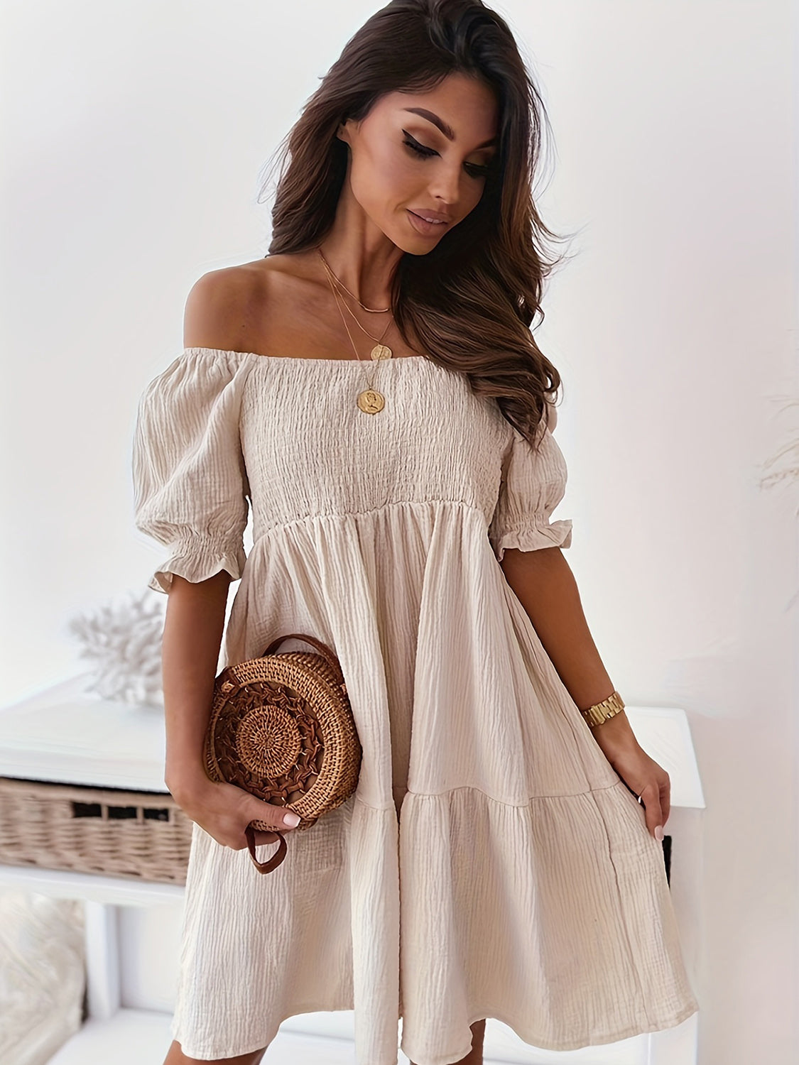 Full Size Ruffled Off-Shoulder Short Sleeve Dress (7 Colors)