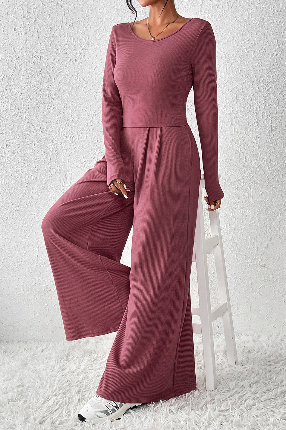 Ribbed Round Neck Top and Wide-Leg Pants Set (3 Colors)