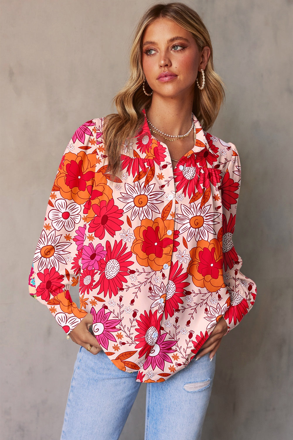 Printed Collared Neck Long Sleeve Shirt (4 Colors)