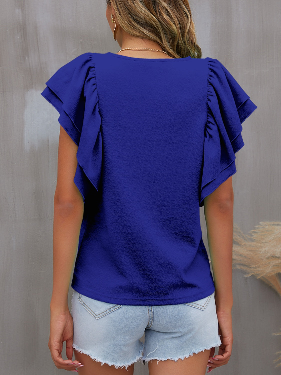 Round Neck Flounce Sleeve Blouse (7 Colors)