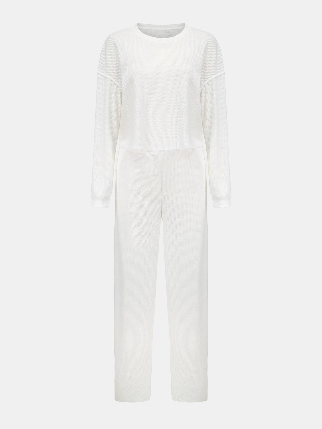 Waffle-Knit Round Neck Top and Pants Set (4 Colors)