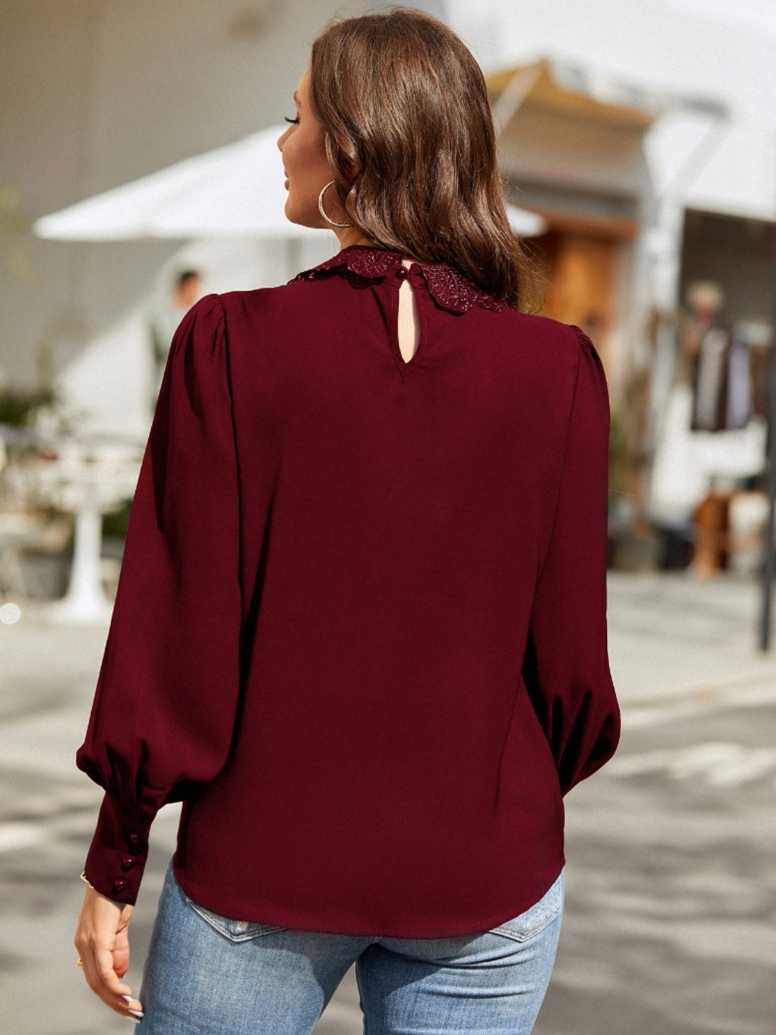 Ruched Keyhole Lantern Sleeve Shirt (2 Colors)