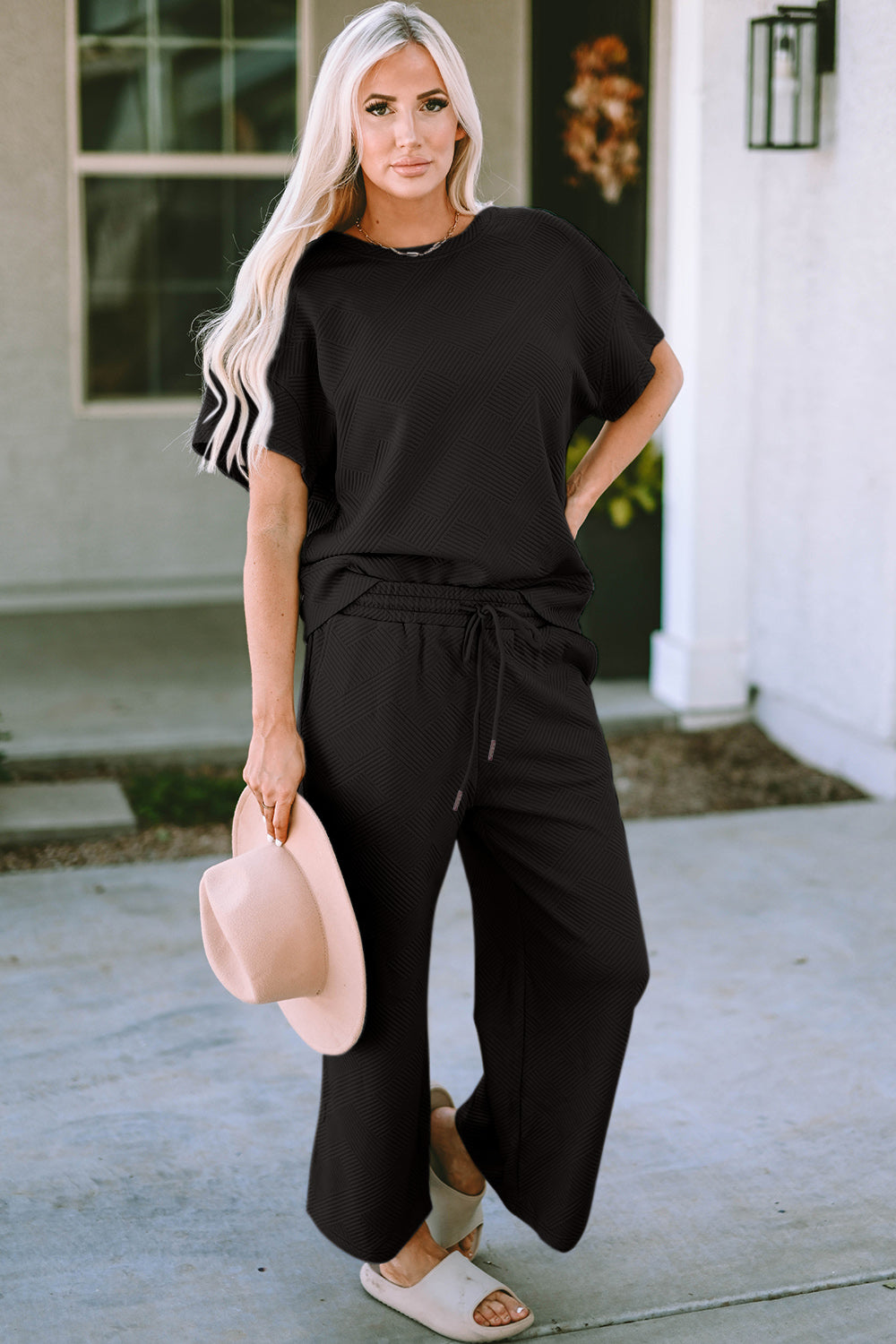 Outfit Set - Double Take Full Size Texture Short Sleeve Top and Pants Set (4 Colors)