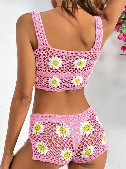 Flower Cutout Wide Strap Two-Piece Cover Up (2 Colors)