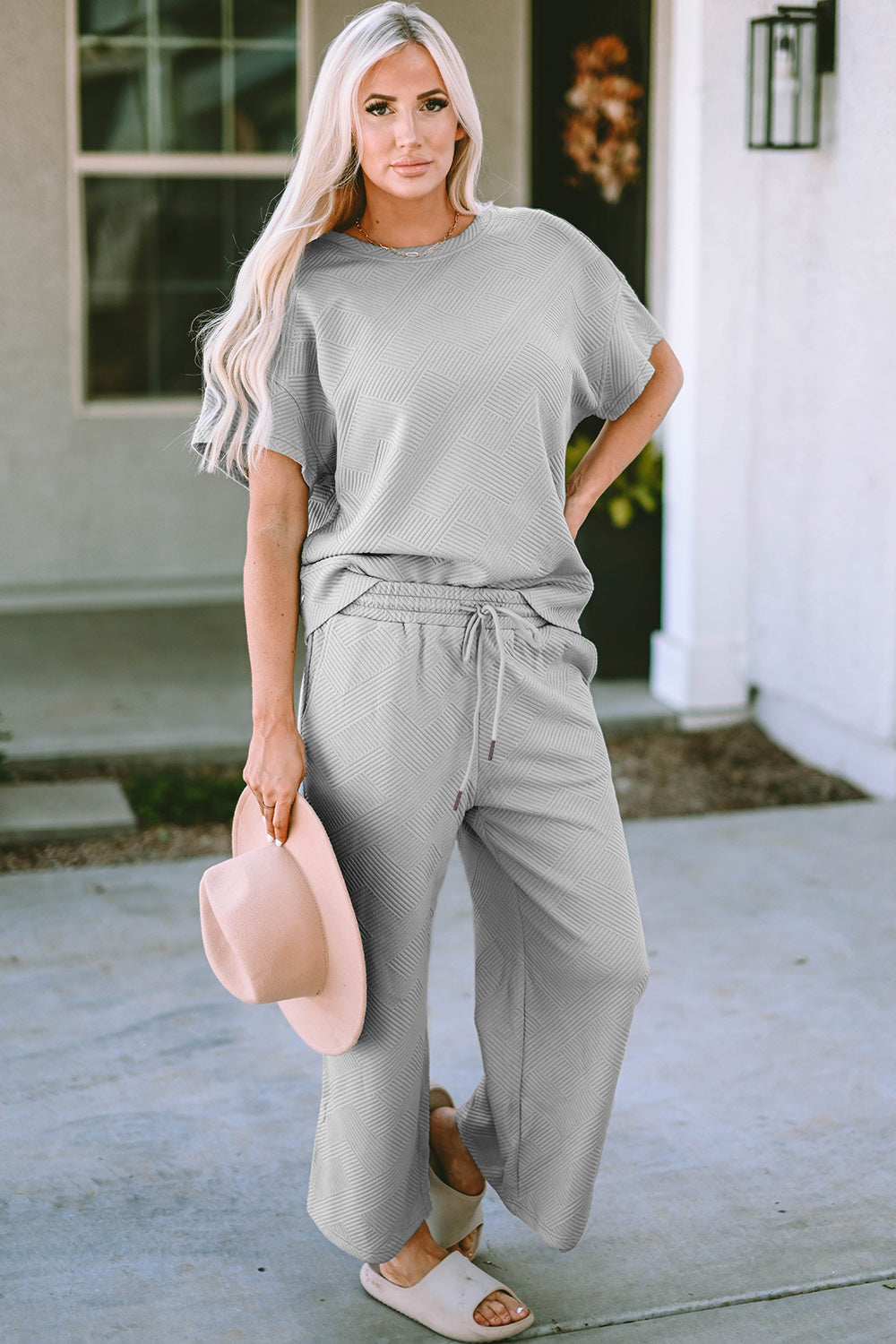 Outfit Set - Double Take Full Size Texture Short Sleeve Top and Pants Set (4 Colors)
