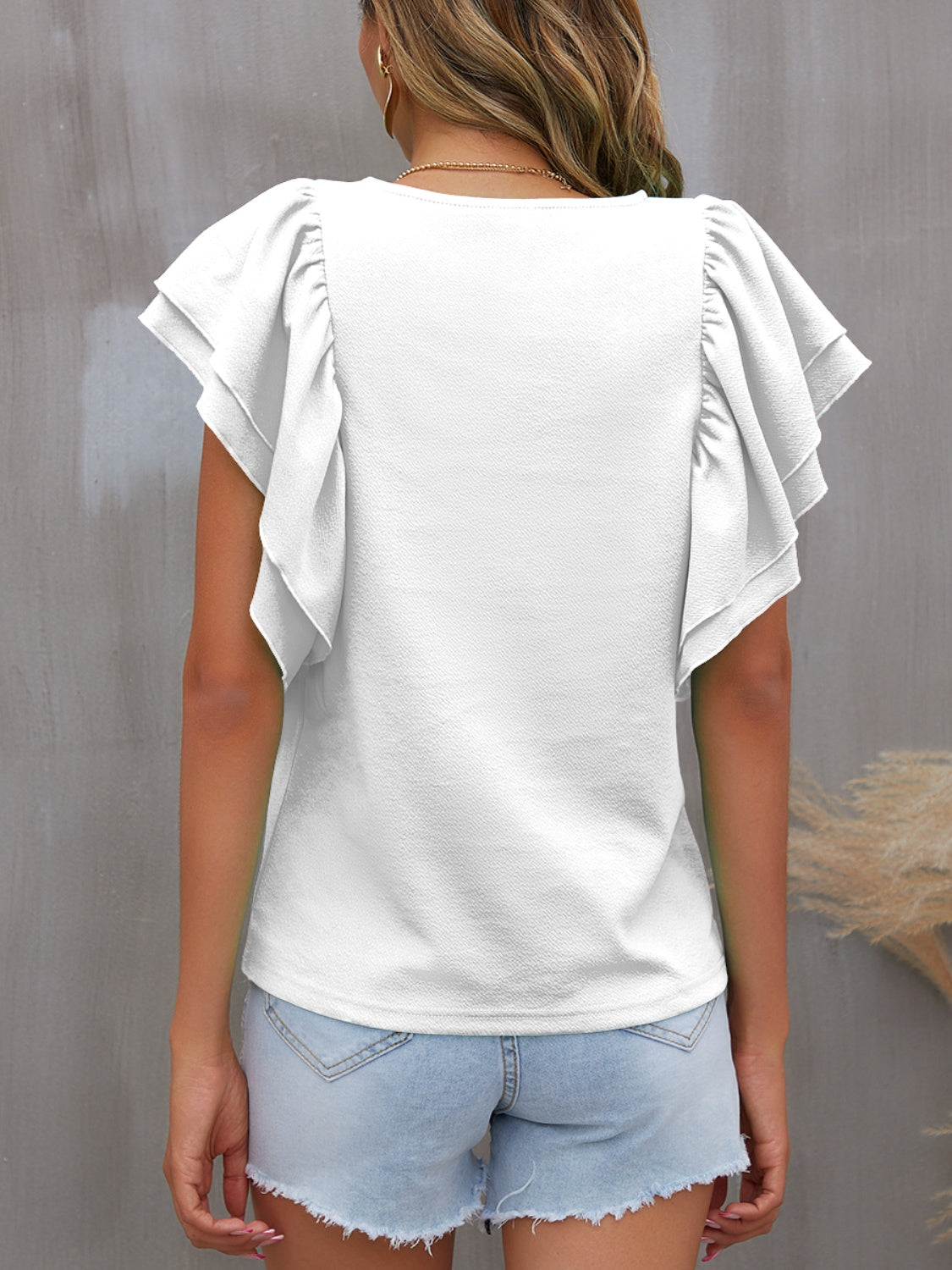 Round Neck Flounce Sleeve Blouse (7 Colors)