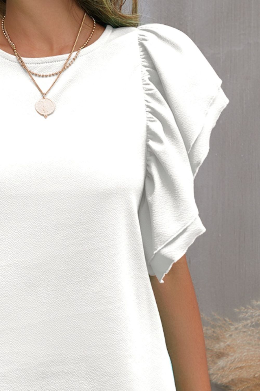 Round Neck Flounce Sleeve Blouse (7 Colors)