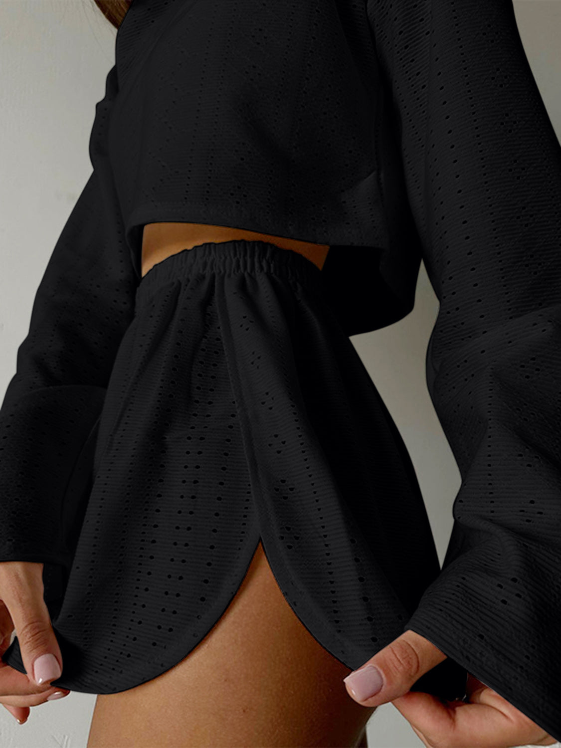 Outfit Set - Eyelet Round Neck Top and Shorts Set (7 Colors up to 2XL)