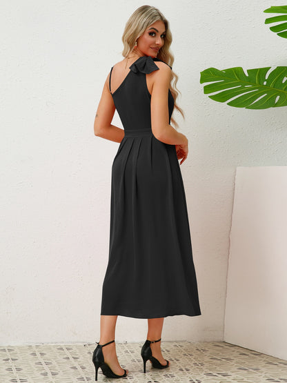 Bow Asymmetrical Neck Sleeveless Dress (4 Colors)