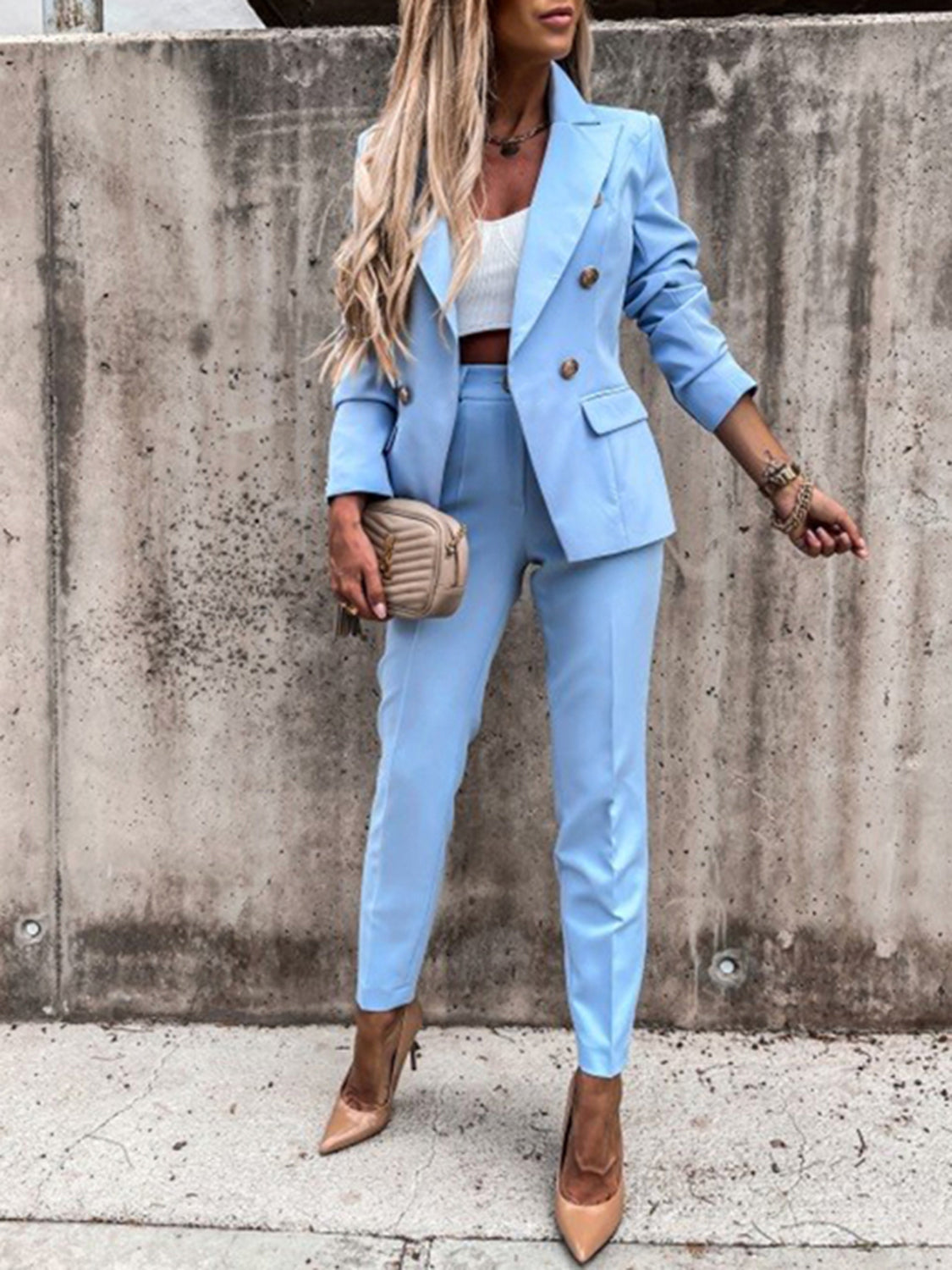 Lapel Collar Long Sleeve Blazer and Pants Set (7 Colors)
