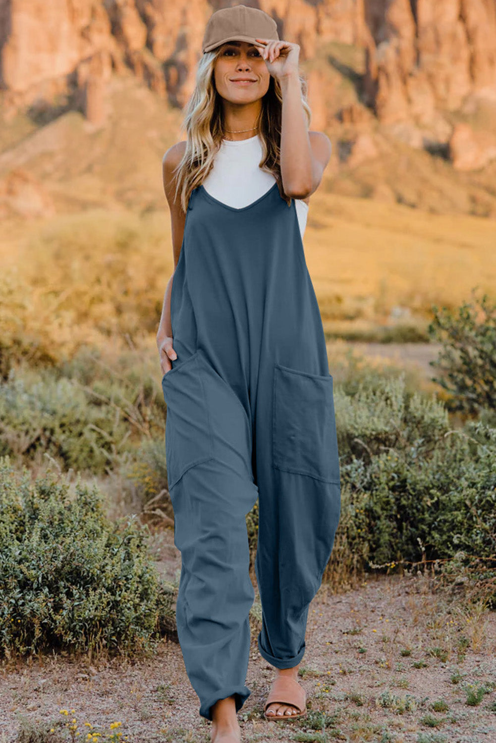Double Take Full Size V-Neck Sleeveless Jumpsuit with Pockets (6 Colors)