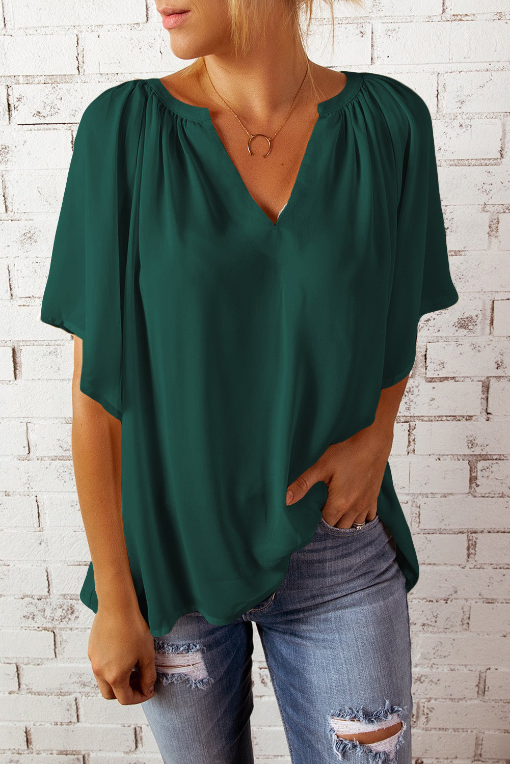 Gathered Detail Notched Neck Flutter Sleeve Top (8 Colors)