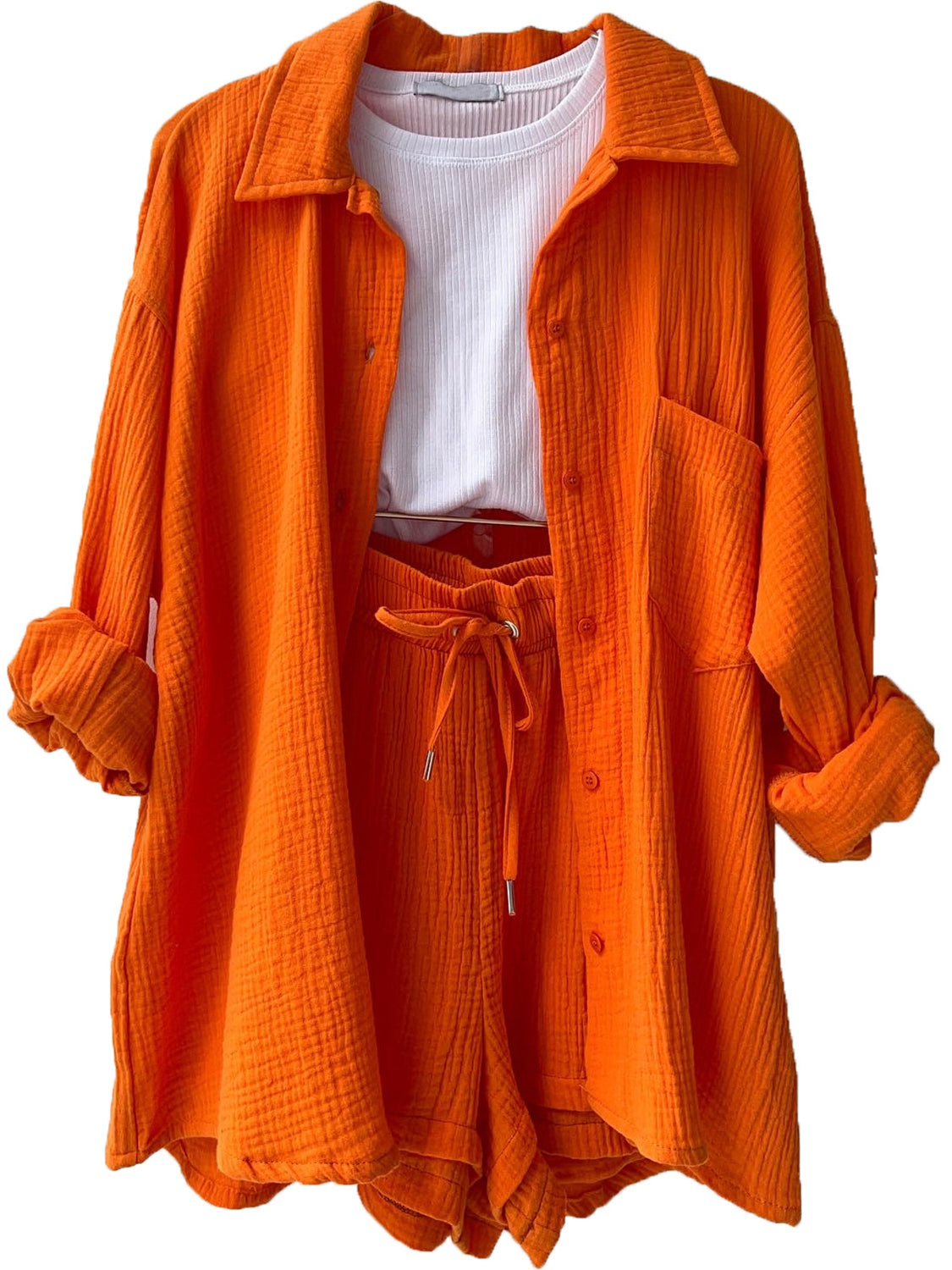 Outfit Set - Texture Button Up Shirt and Drawstring Shorts (11 Colors up to 2XL)