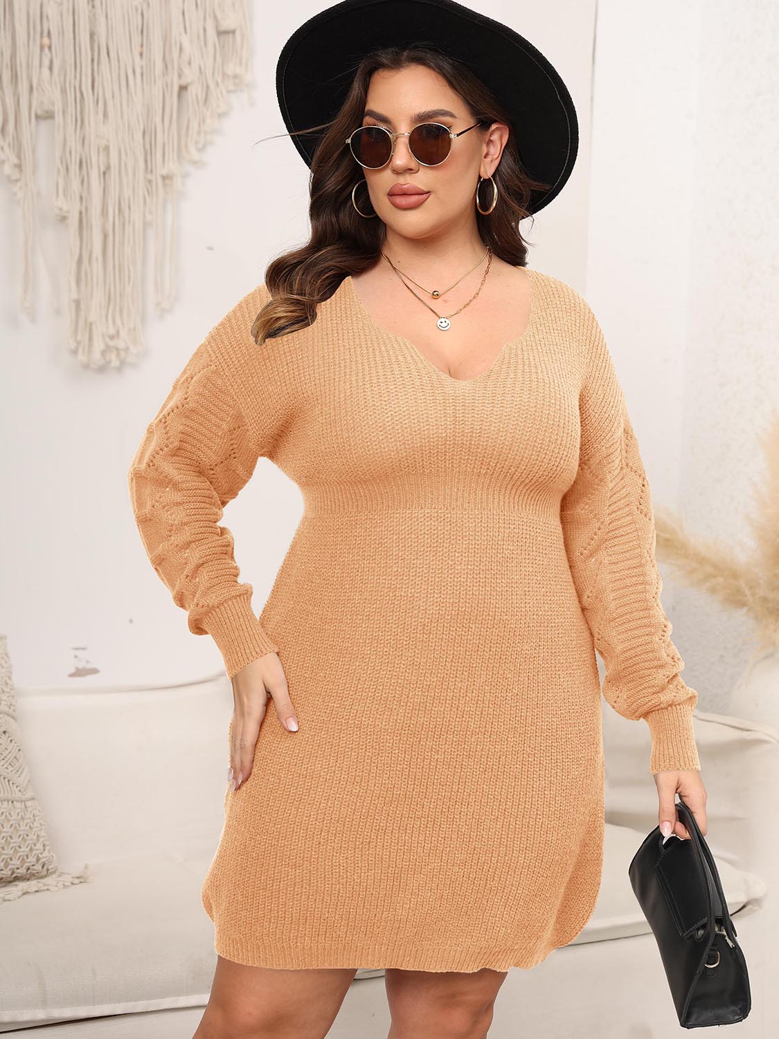 Plus Size Dropped Shoulder Long Sleeve Knit Mini Dress (3 Colors)