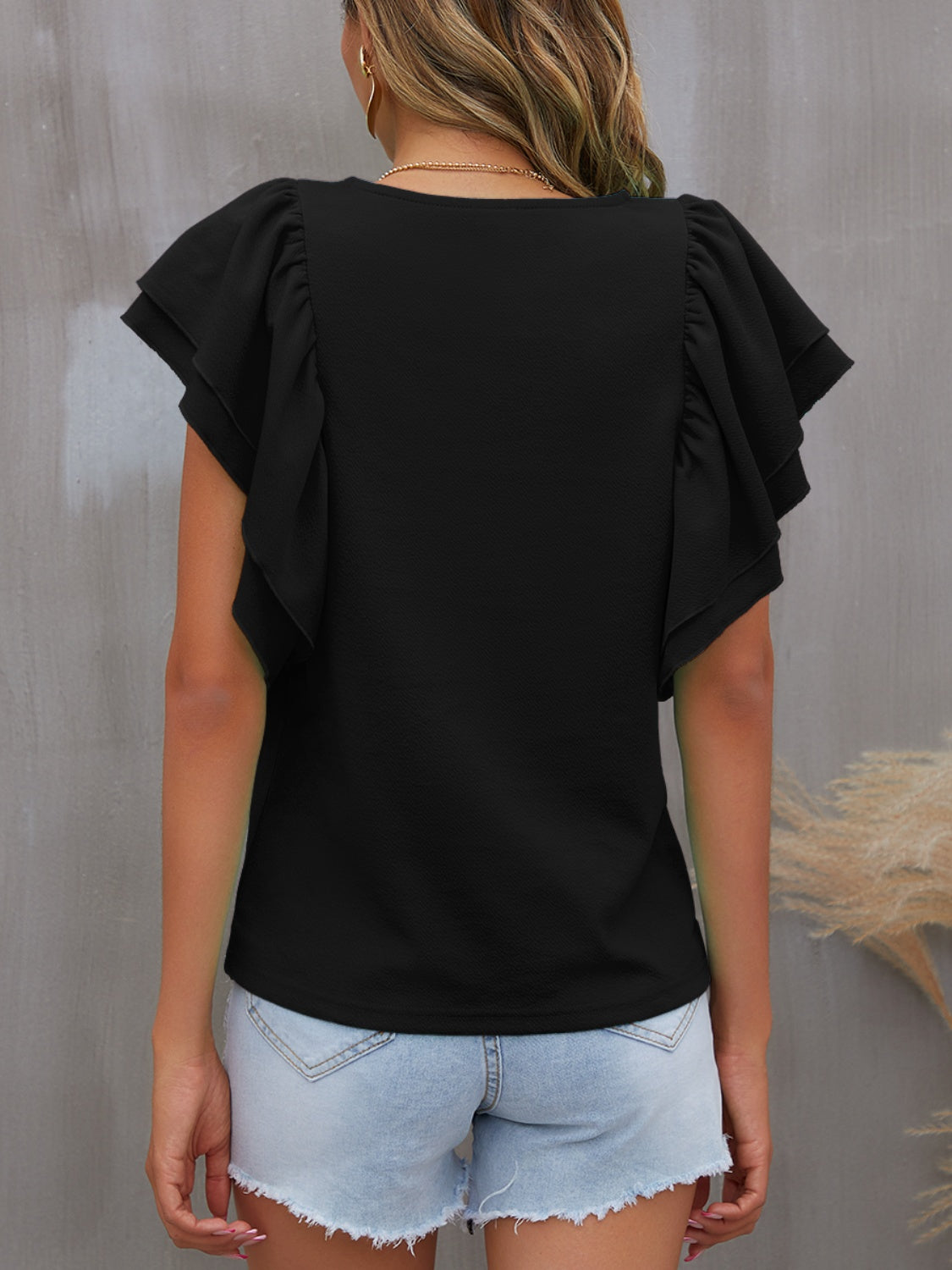 Round Neck Flounce Sleeve Blouse (7 Colors)