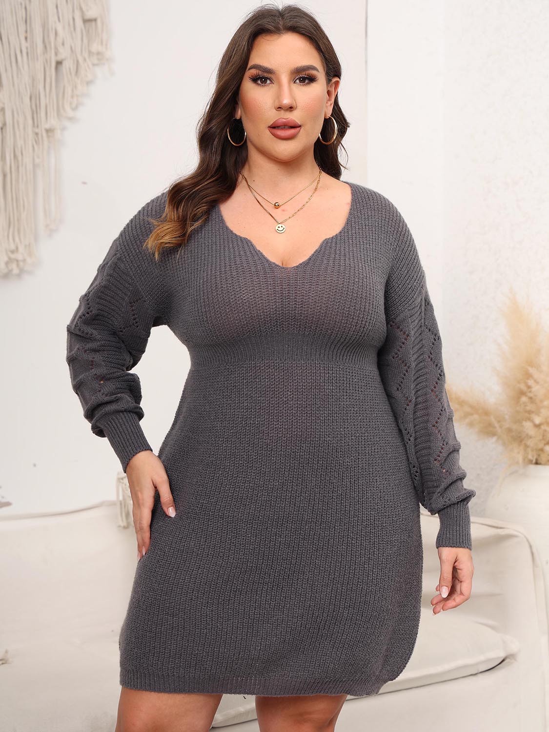 Plus Size Dropped Shoulder Long Sleeve Knit Mini Dress (3 Colors)