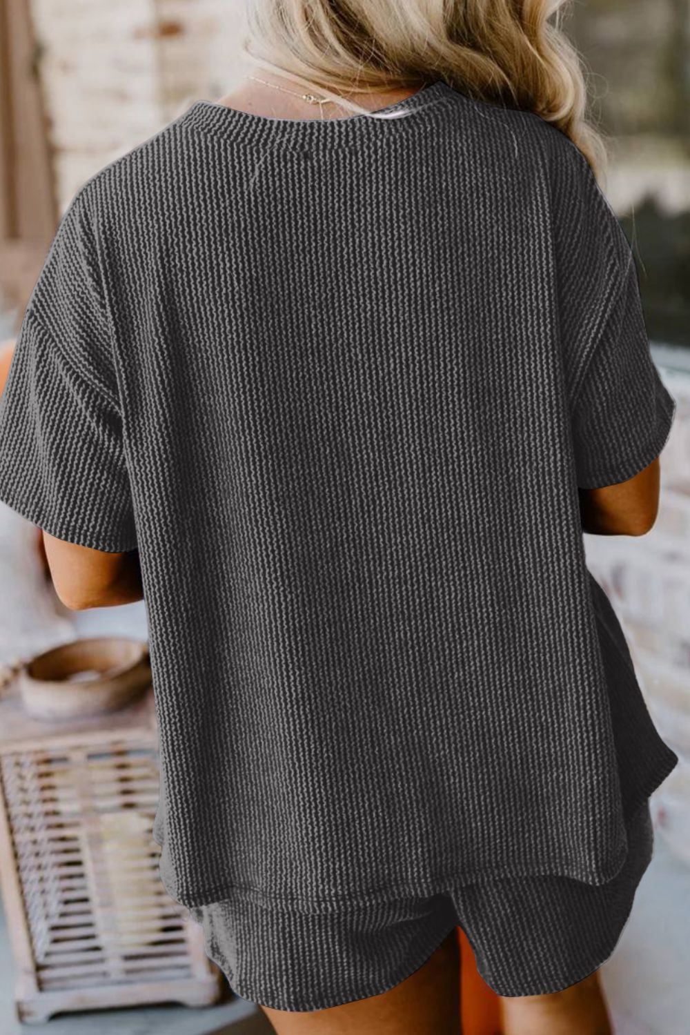 Textured Round Neck Top and Shorts Set in Charcoal