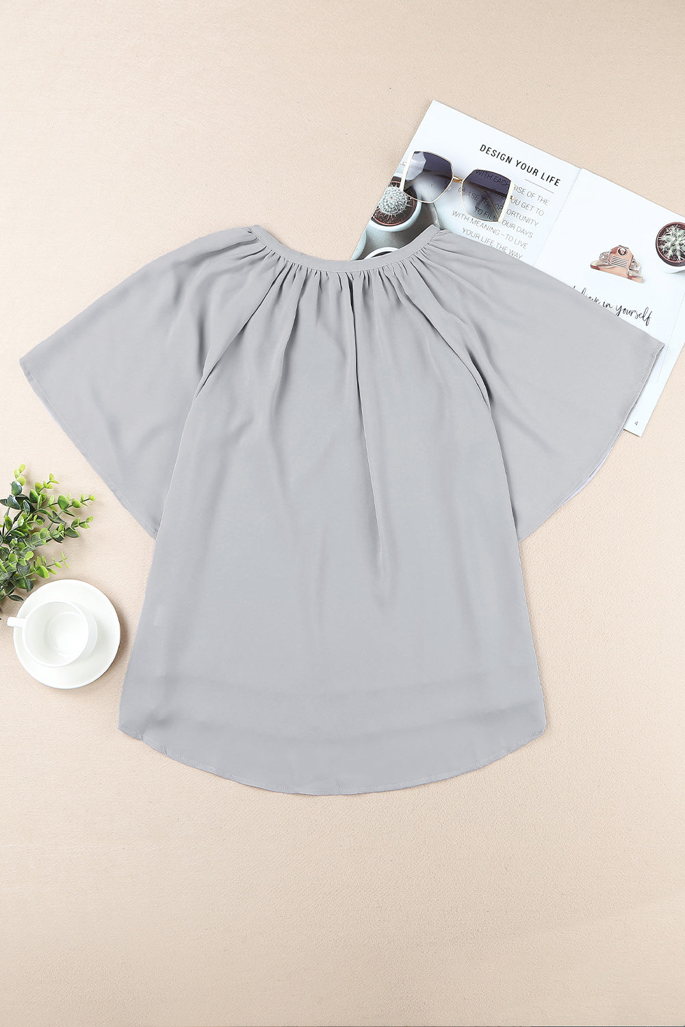 Gathered Detail Notched Neck Flutter Sleeve Top (8 Colors)